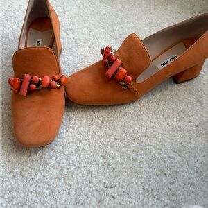 Miu Miu NWOT Orange SUEDE Flats with Beaded Accent